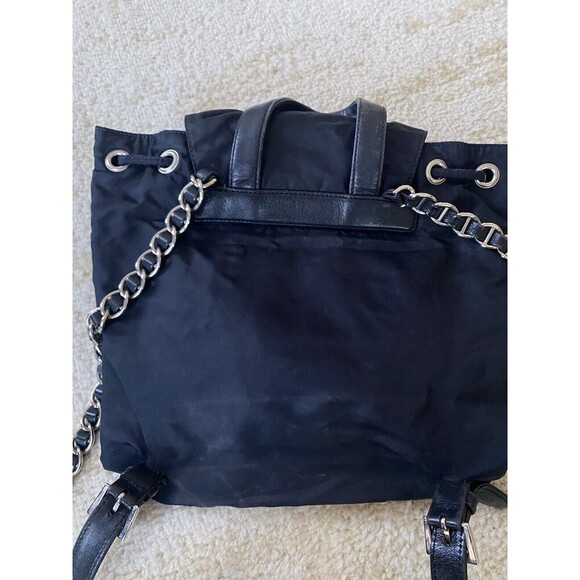 Authentic PRADA TESSUTO SILVER CHAIN / Leather Nylon Backpack - Black Silver - Picture 13 of 16